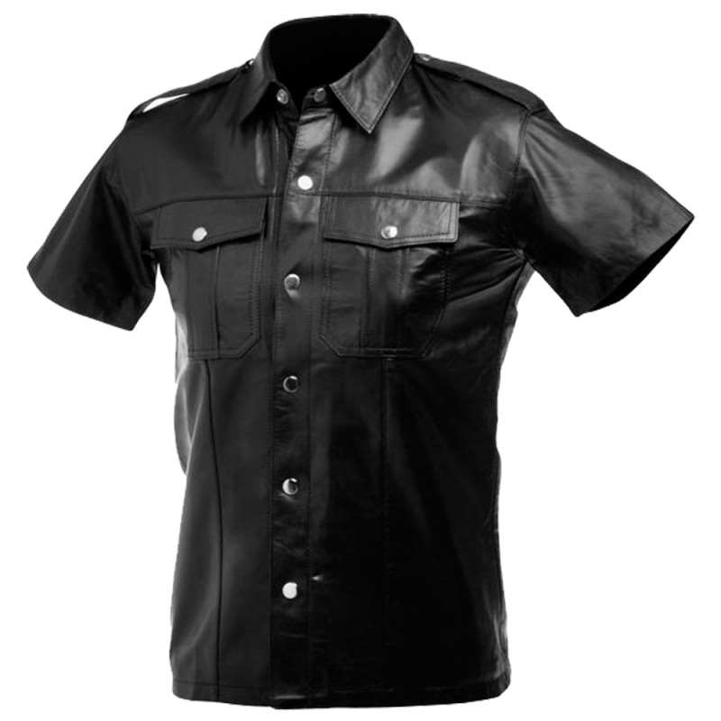 Men Gothic Shirt Black Genuine Leather Moto Shirt Front Button Fetish Shirt